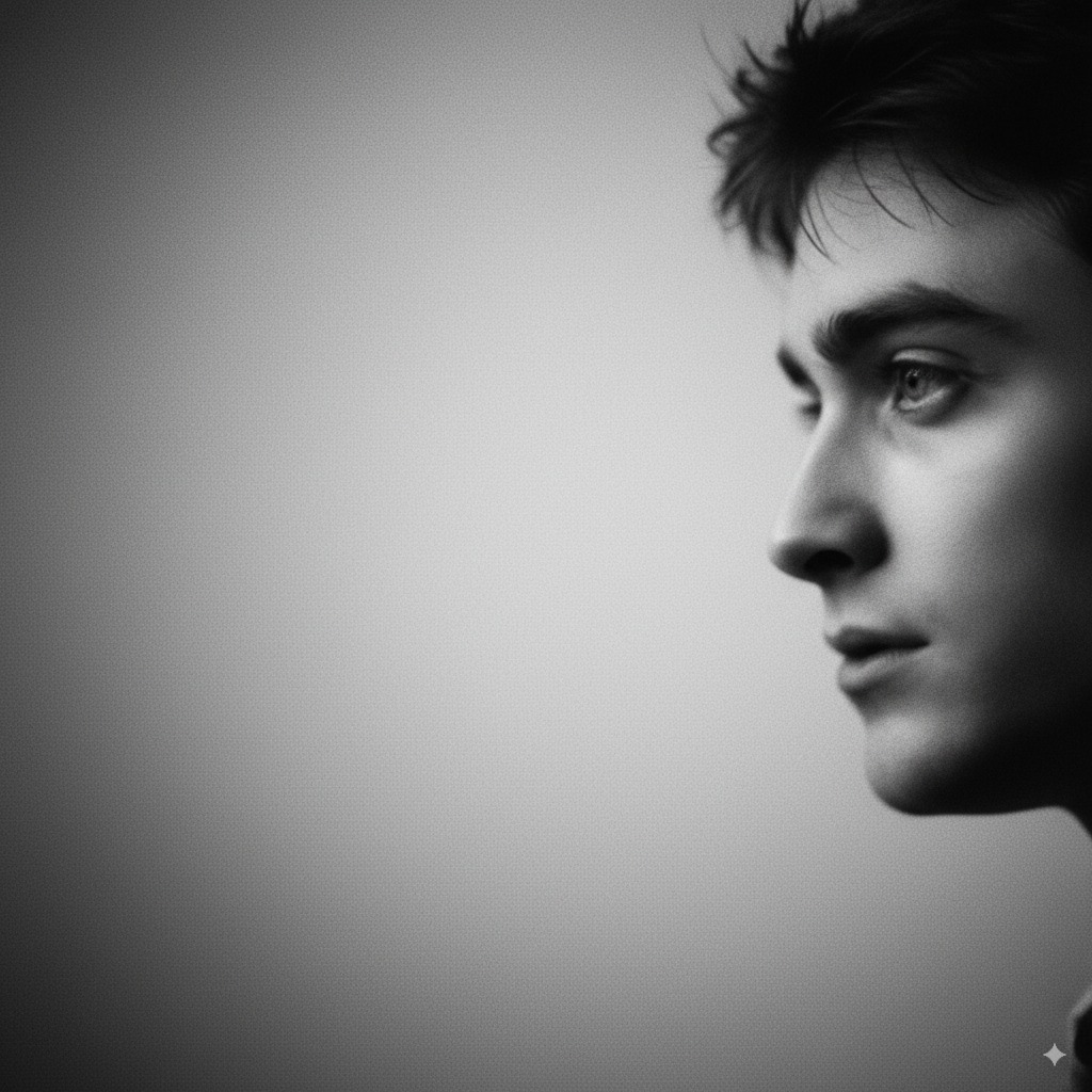 A dramatic black and white portrait photograph of actor Daniel Radcliffe in profile, featuring strong lighting and shadow.