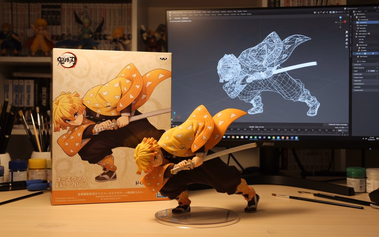 A Zenitsu Agatsuma figure from Demon Slayer on a desk, with its 3D wireframe model visible in Blender on the monitor behind it.